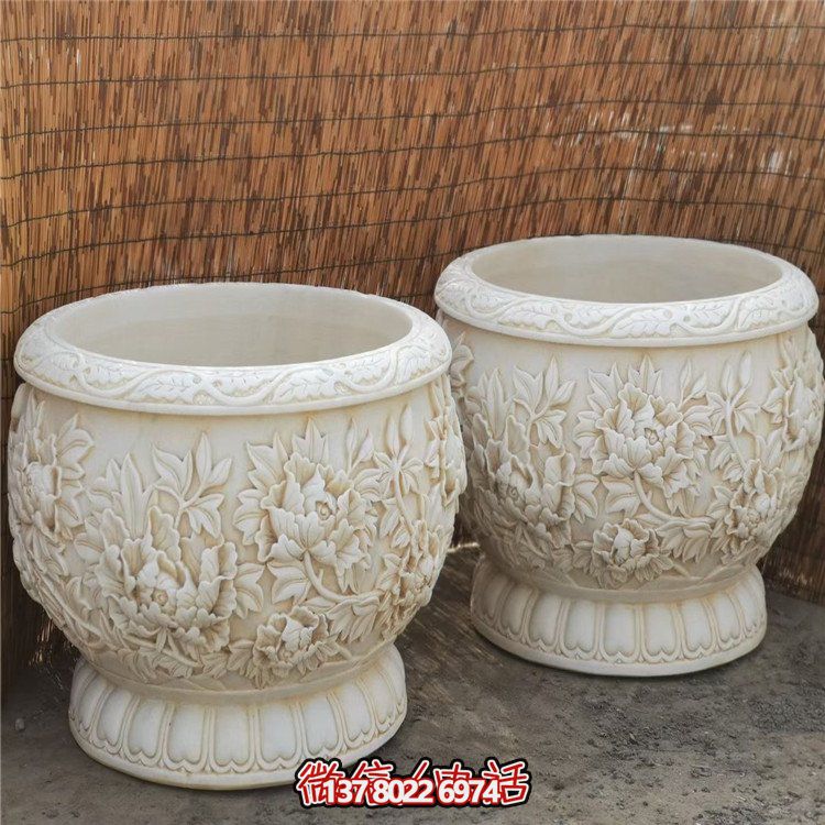 漢白玉浮雕荷花養(yǎng)魚(yú)缸，精美庭院裝飾戶外中式花盆