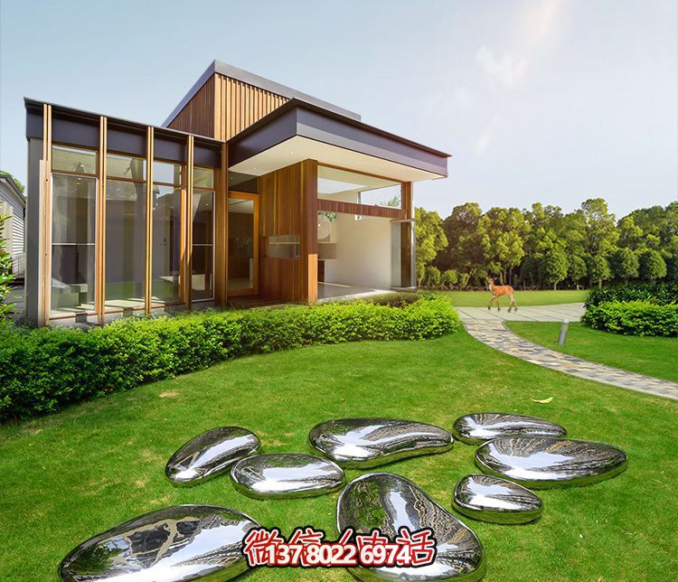 高端室內(nèi)草坪裝飾，不銹鋼雕塑鏡面石頭安放