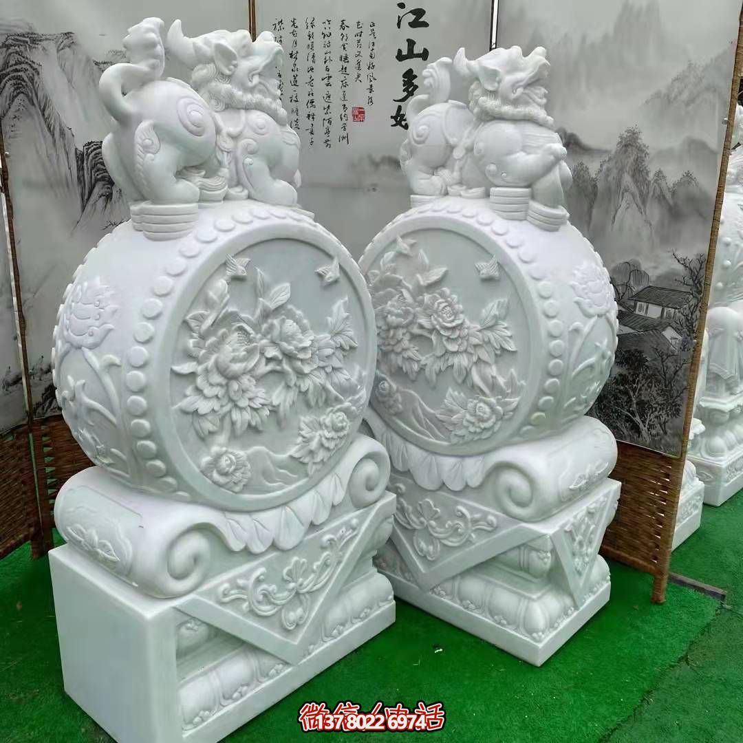 天然優(yōu)質(zhì)漢白玉浮雕麒麟抱鼓石，裝點你的庭院門口