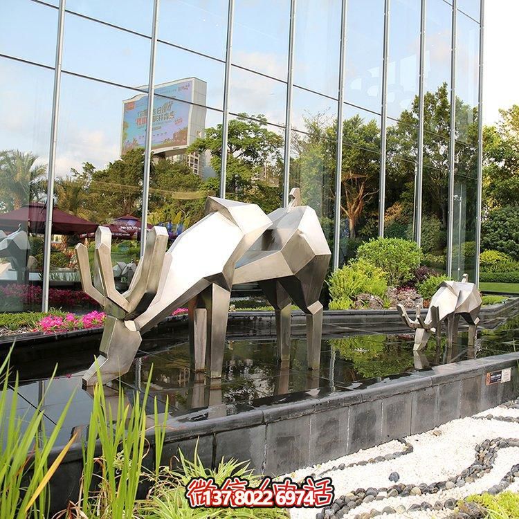 精致雕塑，幾何鏡面不銹鋼鹿，點綴精致水景小品