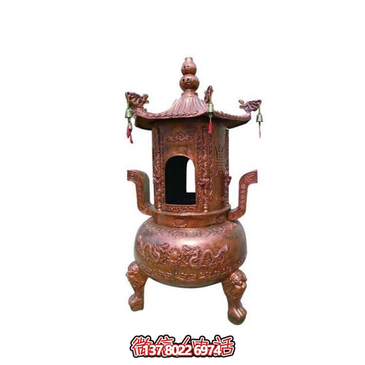 純銅香爐四柱舍利塔，裝飾寺院舍利