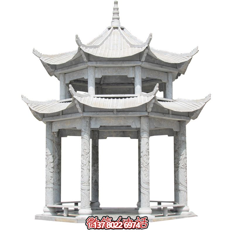 精美大理石雙層柱涼亭，雕塑點(diǎn)綴休息亭
