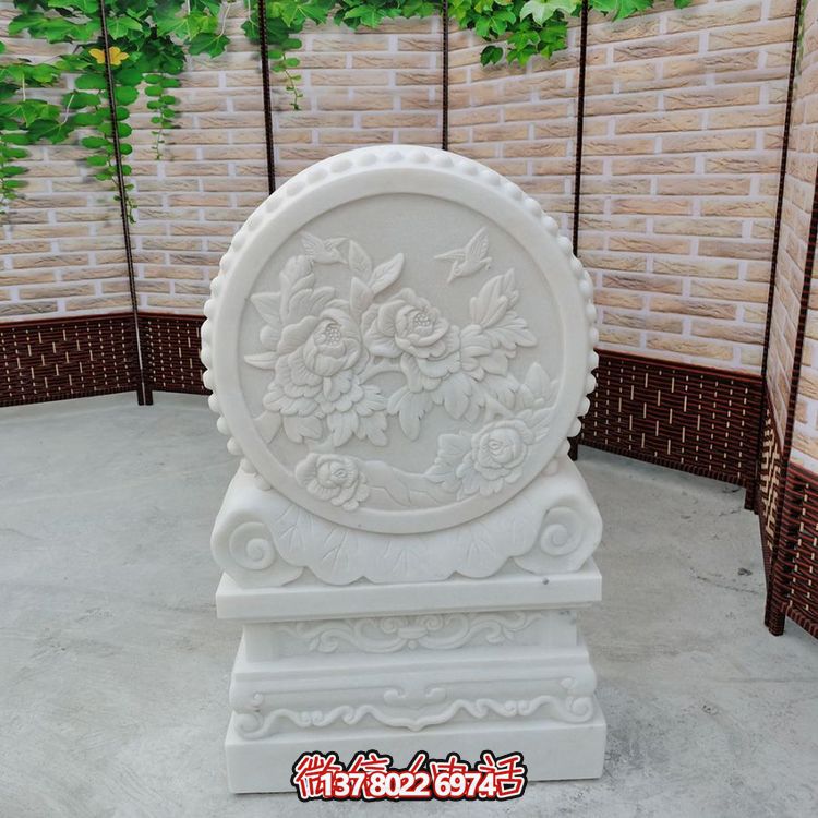 中式風格天然漢白玉石雕抱鼓浮雕門墩，花開富貴