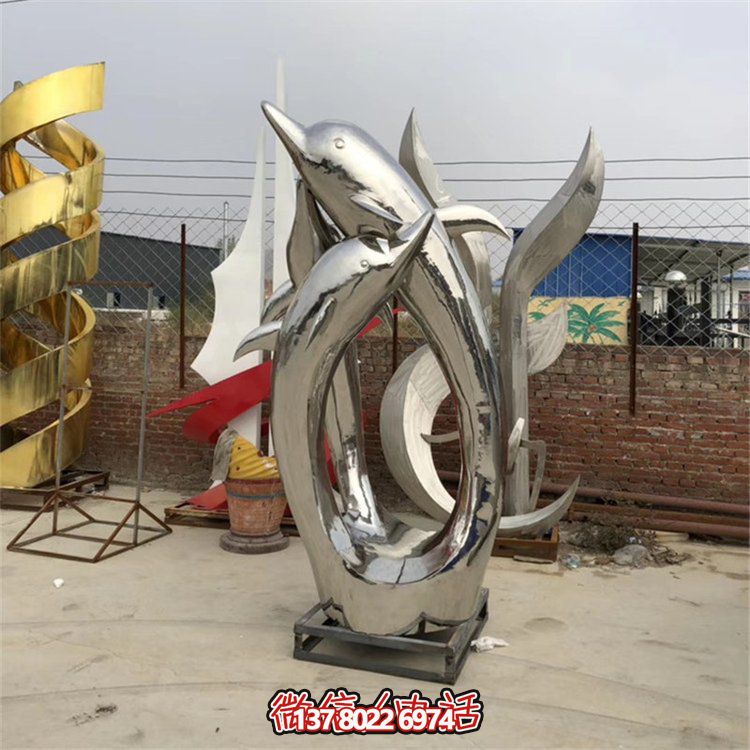 精美不銹鋼海豚雕塑，為您的戶外廣場增添水景鏡面美感