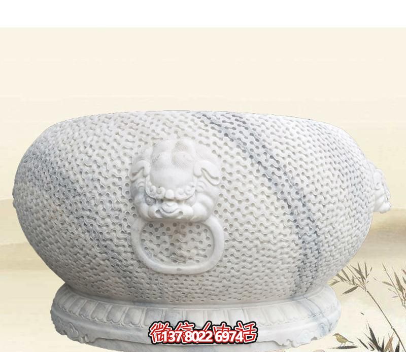 精美狴犴圓形雕塑，點綴庭院水缸浮雕