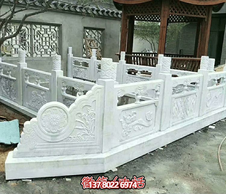 唯美古典庭院，池塘裝飾雕塑，漢白玉欄桿