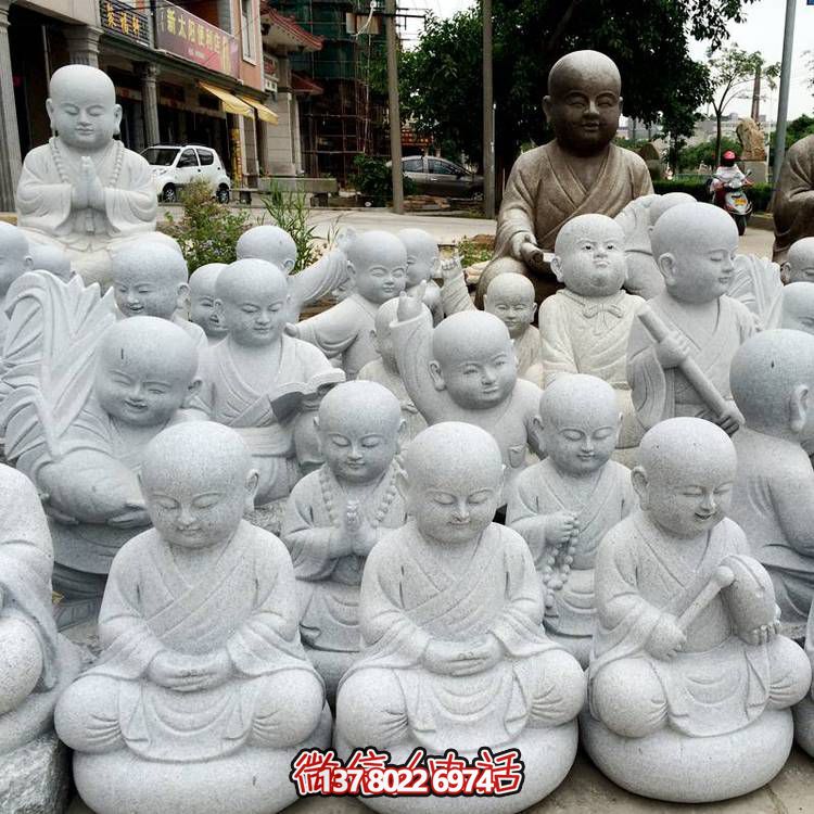天然砂巖雕刻小沙彌擺件，美麗景致精美寺院家居裝飾