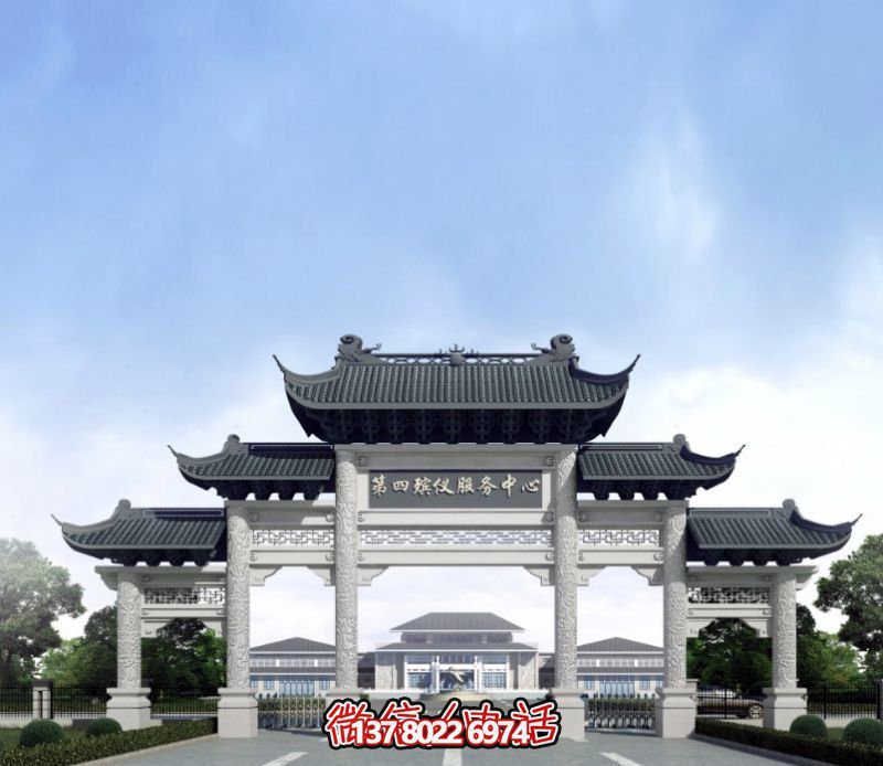 一座新式殯儀館五門景觀、青瓦斗拱、牌樓等高雅裝飾