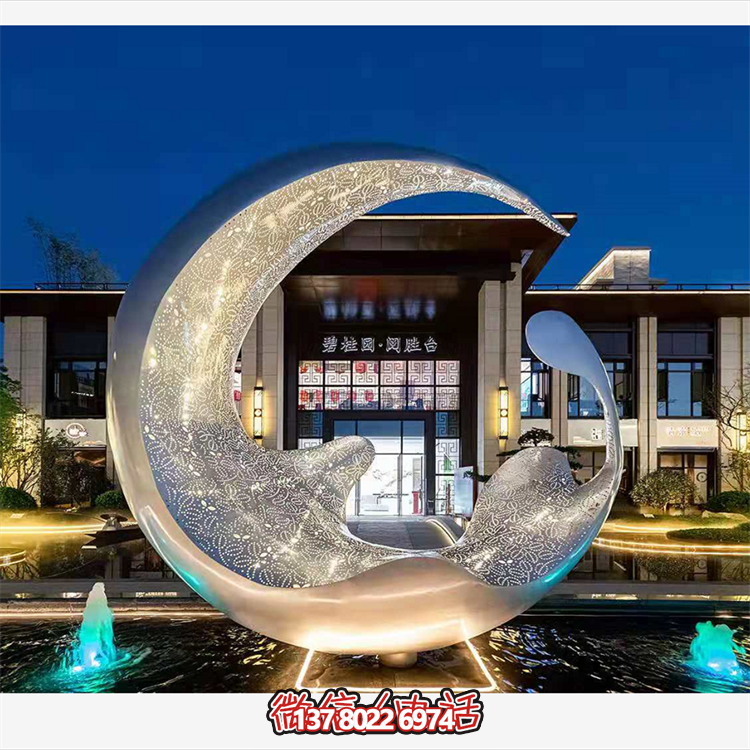 不銹鋼月亮水滴雕塑，透光水景裝飾雕塑