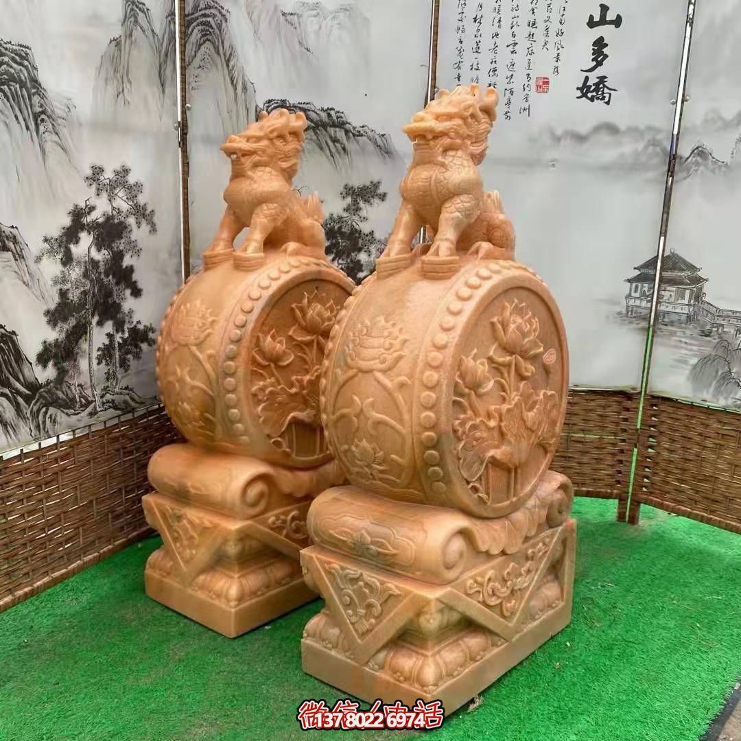 麒麟抱鼓石，晚霞紅荷花門墩