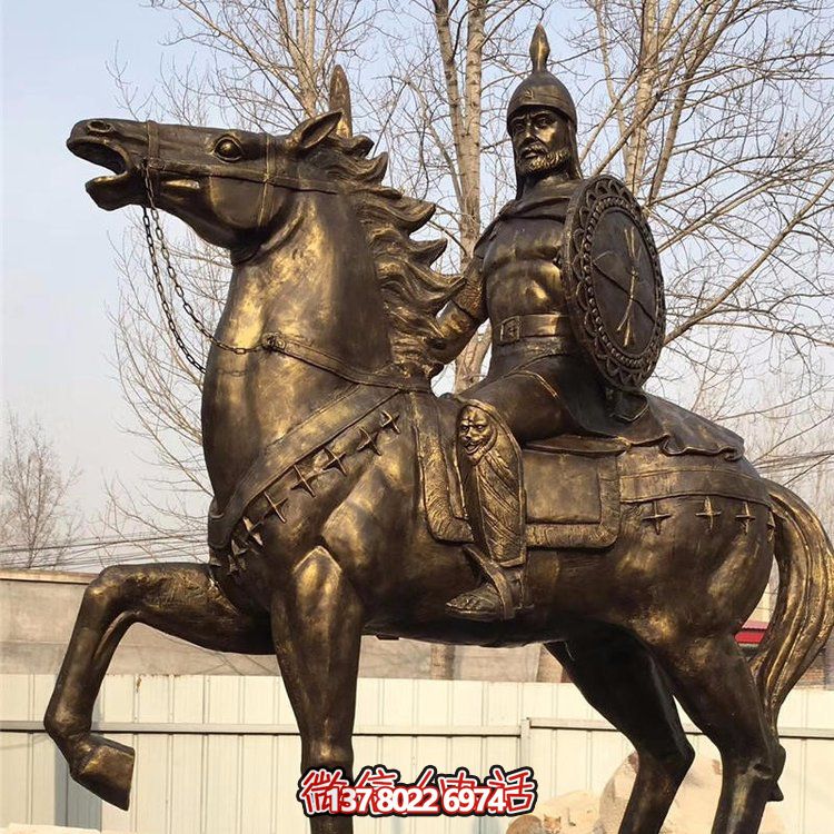 西方古代的騎馬士兵銅雕，手持盾牌騎馬身上的西方戰(zhàn)士